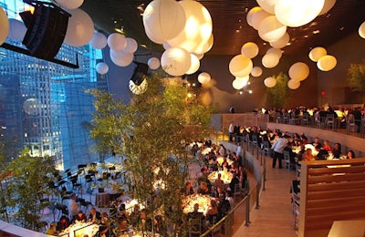 White Chinese lanterns that ranged in diameter from four feet to eight feet (the largest ones were actually balloons that resembled lanterns) hung overhead in the Allen Room.