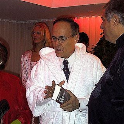 Mayor Rudolph Giuliani donned a white robe, courtesy of the Hudson, for the Zagat pajama party.