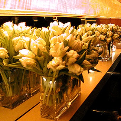 Raquel Corvino of C/B Flowers placed rectangular vases of white parrot tulips along a mirrored wall opposite the bar.