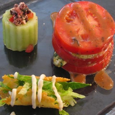 The meal started with a salad trio of Caesar cannolis; English cucumber cups with citrus oregano dressing over tomato, feta, and red onion; and tomato bocconcini with torn basil and balsamic drizzle.