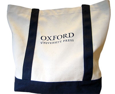 Oxford University Press gave out totes advertising the Shorter Oxford English Dictionary Sixth Edition that would fit right in on campus.