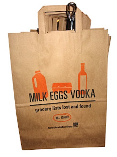 How Books' clever tie-in for Milk Eggs Vodka, a book of found grocery lists: a brown paper bag.