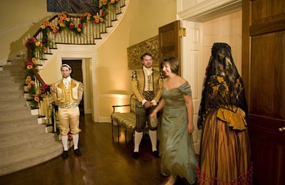 New York-based designer Phillip Baloun decorated the foyer's descending staircases with fresh gerbera daisies.