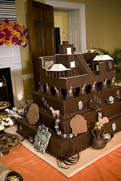 Occasion Caterers' Eric Michaels created a four-layer cake resembling Machu Pichu for the event's chocolate room, in which other handcrafted chocolate artifacts in cocoa, pulled sugar, and 24-karat gold were displayed.