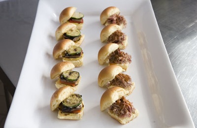 Hudson Yards Catering will start off your event with Blue Smoke's mini pulled pork and grilled vegetable sliders.