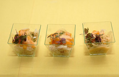 Among Jean-George Vongerichten's V.I.P.-area samples were caviar beggars purses, soy-cured salmon with asian pear cilantro, and crab and mango salad 'chili-champagne' sabayon (shown here), from restaurants Mercer Kitchen, 66, and Jean-George, respectively.