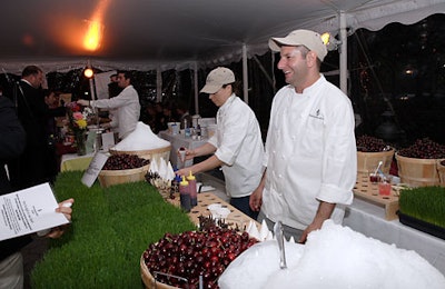 Over a bed of wheatgrass and buckets of cherries, 57 Restaurant served cherry ice with almond chocolate brittle.