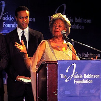 Jackie Robinson Foundation founder Rachel Robinson spoke at a press conference prior to the awards dinner after she was introduced by WNBC Channel 4 News anchor Maurice DuBois (left).