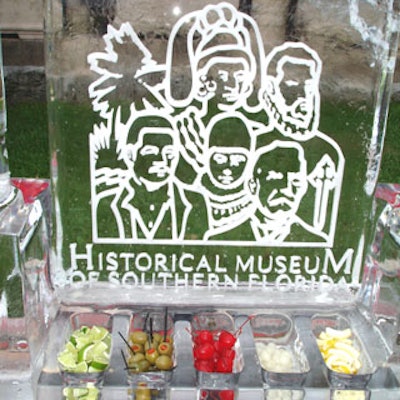 The museum's logo was incorporated into the ice sculpture, as were nifty containers for the cocktail garnishes.