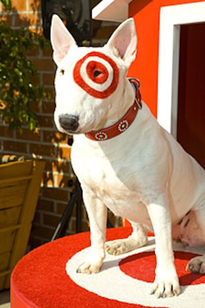 Target's trademark dog sat atop a Target-branded podium.