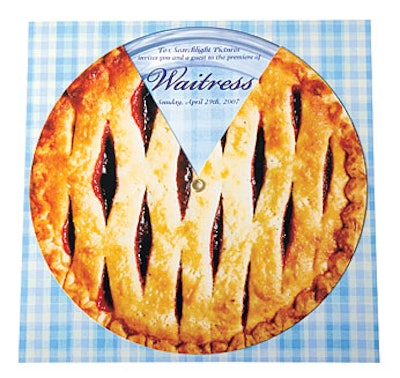 For the premiere of Waitress, Basik Design created playful diner-themed invites in the form of a spinning cherry pie.