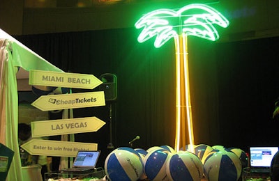 Laptops displaying sponsor Cheapticket's Web site sat atop Lucite tables that were filled with sand and seashells. The company raffled off plane tickets for two after Rihanna's set.