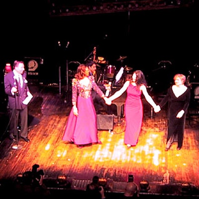 Jerry Orbach (left) hosted the Divas Get Down benefit for the New York City Opera, which featured performances by (from left to right) Marquita Lister, Elizabeth Futral and Amy Burton.