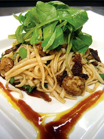 Rain's duck confit salad is served with udon noodles that have been cooked in jasmine tea.