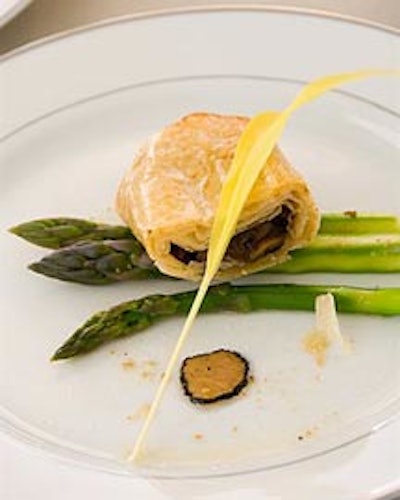 10tation Event Catering’s dinner menu featured a wild mushroom strudel on spring asparagus with black truffle vinaigrette and popcorn shoots.