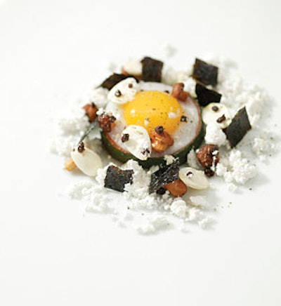 Liebrandt created a ballotine of ocean trout,fried quail egg, and fresh almonds.