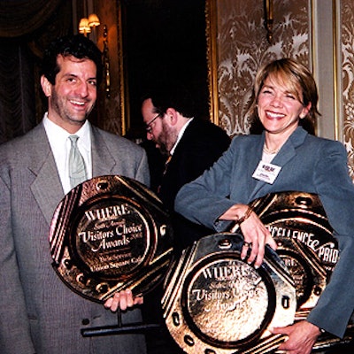At Where magazine's Visitors Choice Restaurant Awards, Gramercy Tavern general manager Nick Mautone accepted the Best Service award on behalf of Union Square Cafe, and Windows On The World director of catering Jennie Emil proudly displayed the restaurant's three awards.