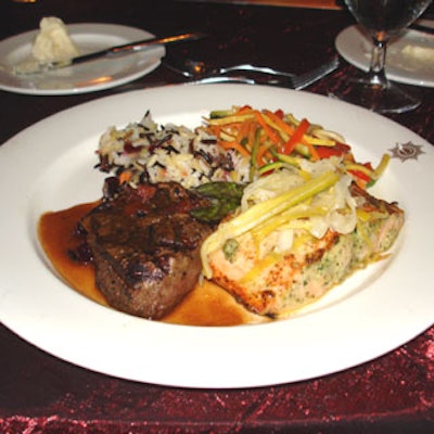 The main course was grilled filet of beef or seared Pacific salmon with a bordelaise sauce. Orzo pilaf and leek tomato compote, along with seasonal vegetables, rounded out the meal.