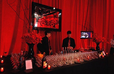 All of the drinks served at the bar were red or clear, to match the design motif.