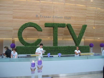 CTV’s Upfront presentation at the Four Seasons Centre for the Performing Arts featured a large CTV logo topiary from Downtown Florists and purple orchid accents from Forget Me Not Flowers.