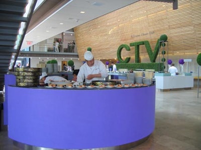 Hiro Sushi Restauranttransformed the permanent round administrative desk in the foyer into a purple food station.
