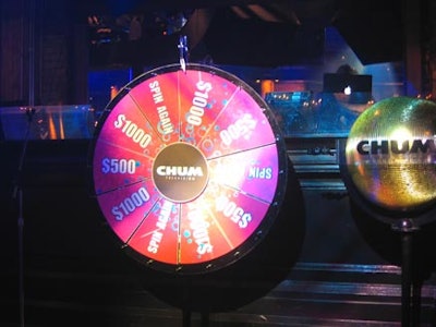 Entertainment elements included a wheel of fortune game and prize drum shaped like a gold disco ball.