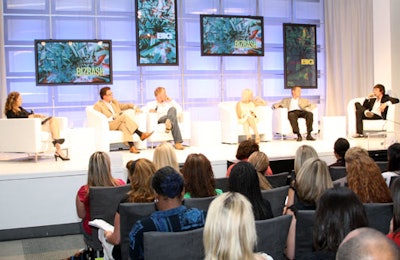 The education session 'Annual Trend Panel: Event Design, Production, Catering, and Entertainment' proved one of the most popular sessions. From left to right: Alesandra Dubin, BizBash Media; David Fischette, Go West Events and Multimedia; Michael Gapinski, Along Came Mary Productions; Vanessa Gonzalez, Museum of Contemporary Art; John Campanelli, Classic Party Rentals; and Brent Bolthouse, Bolthouse Productions.