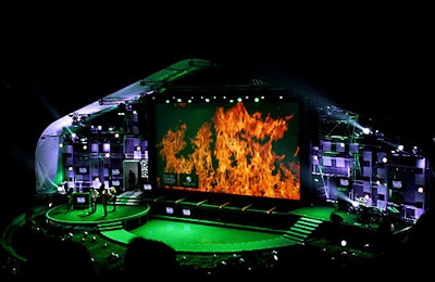 Microsoft held its press briefing at Santa Monica High School's outdoor amphitheater, where it set up a 40-foot-wide projection screen and provided 1,500 guests with Microsoft-logoed seat cushions.