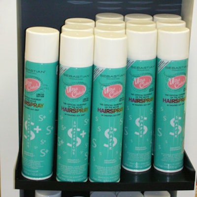 A collection of Sebastian Professional's Ultra Clutch hair spray bottles—the actual hair spray used in the movie—was displayed for promotional purposes at the entrance.