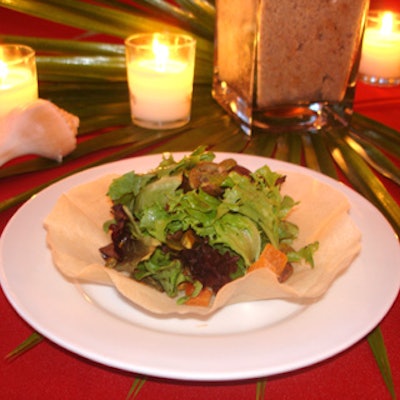 The first course was a mélange of Homestead Farms organic greens tossed with sun-dried mangoes and pistachios, dressed with clover honey vinaigrette.