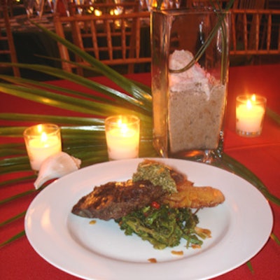 The main course was an organic marinated flatiron steak, char-grilled with Yukon Gold truffle tostones, braised rapini with garlic chips, and sun-dried tomato, and finished with fresh horseradish pesto.