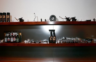 Decorations were kept to a minimum to draw attention to the bikes, but garage tools and bike parts accented the bar.