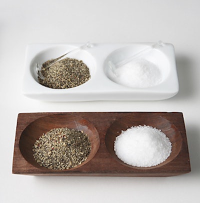TriServe Party Rentals offers both porcelain and rosewood dual-well salt and pepper cellars. The ceramic version rents for $2, while the wooden model rents for $6.50. Glass caviar spoons rent for $2.50 each.