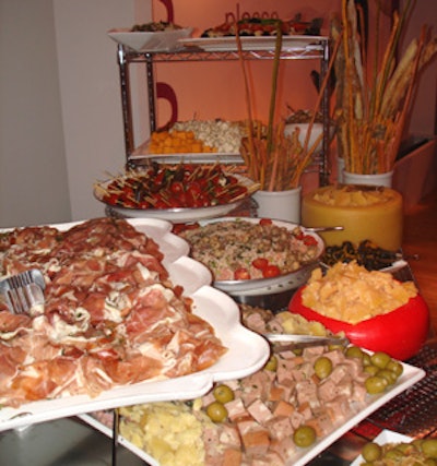 The food stations on the second and third floors offered a variety of cooked and raw meats and fish, cheeses, vegetables, and flatbreads.