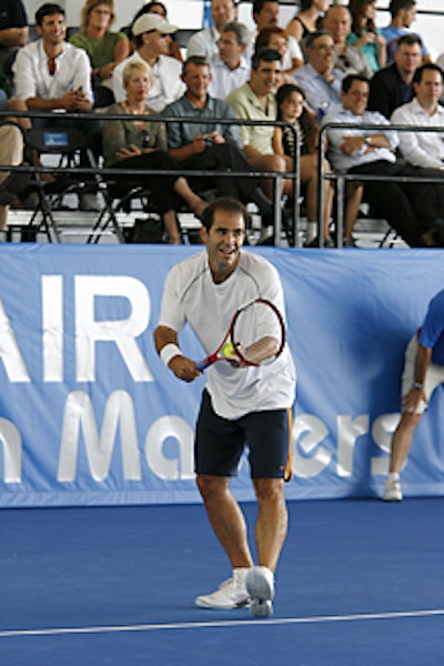 Pete Sampras played former rival Jim Courier in a Republic Airport hangar. Sampras won in two sets, 7-5, 7-5.