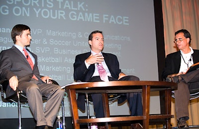 From left, Peter O'Reilly, director of marketing and fan development for the National Football League; Peter Farnsworth, senior vice president of business development for the National Basketball Association; and Jarry Janoff, executive editor/sports editor of Brandweek, spoke on the panel 'Sports Talk: Putting on Your Game Face.'