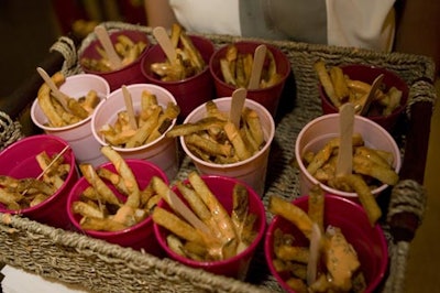 Baskets of colourful french-fry filled cups from the Drake included wooden 'sporks.'