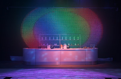 A 33-foot soft LED curtain hung behind the central bar.