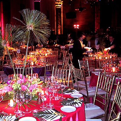Robert Clark's decor included these striking centerpieces and an individual palm leaf and orchids at each place setting.