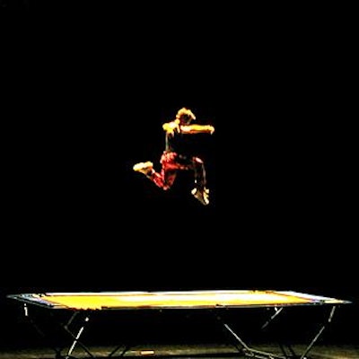 David Parsons of Bounce continuously bounced, twirled and flipped through the air on this huge trampoline set on the Hammerstein's main stage, set to music by John Adams.