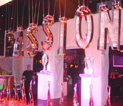 So Cool Events created a suspended ice sculpture, spelling out 'PASSION,' that hung in one of Mansion's three rooms.