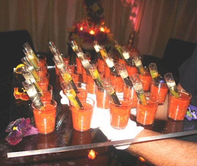 2Taste Catering served a variety of appetizers, including gazpacho shooters with a shot of vodka.