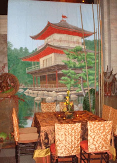 Scenic backdrops, bamboo stalks, and earth tones created an Asian retreat where guests could enjoy their dinners.