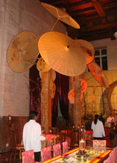 The columns of the Dupont were covered in gold and bronze fabric with large paper umbrellas hung from the tops.
