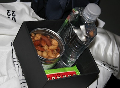 Gift boxes included Larabars, Dean & Deluca nuts, and a flask of SEI water, all wrapped in a silk G-Star scarf.