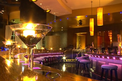 Oversize martini glasses adorned the venue's bars.