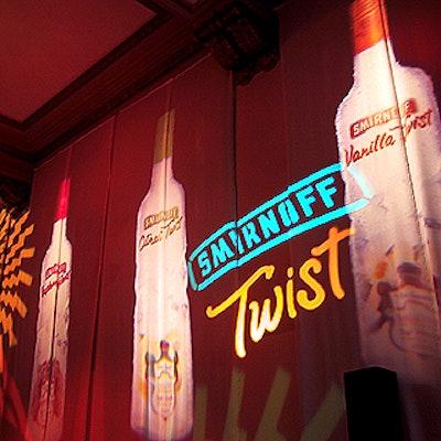 For Smirnoff's Twistotica party, EventQuest shone tons of neon-colored gobo lights and images of the new Smirnoff bottles on the walls of a former bank.