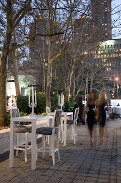 Brocade Home decorated the outdoor cocktail area with its tall tables and chairs.