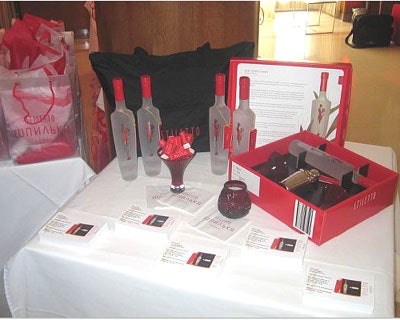 Vouchers for free tasting kits including a bottle of Stiletto regular vodka, two avant-garde martini glasses, and a cocktail shaker were given away to guests as they left.