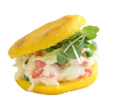 A yellow corn arepa filled with crab salad, from Windows Catering Company in Washington, D.C.